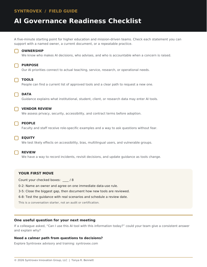 Preview of the one-page AI Governance Readiness Checklist