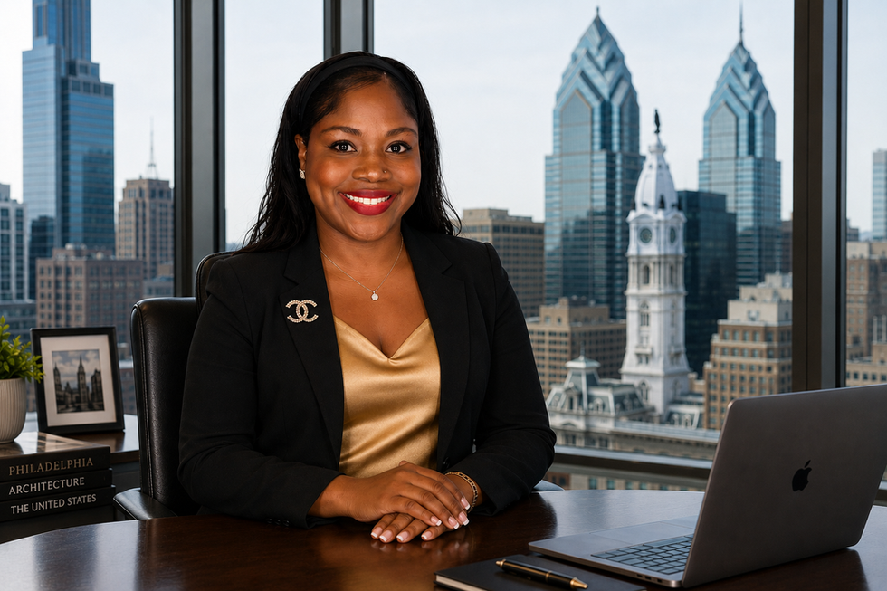 Tonya R. Bennett at a desk with the Philadelphia skyline behind her